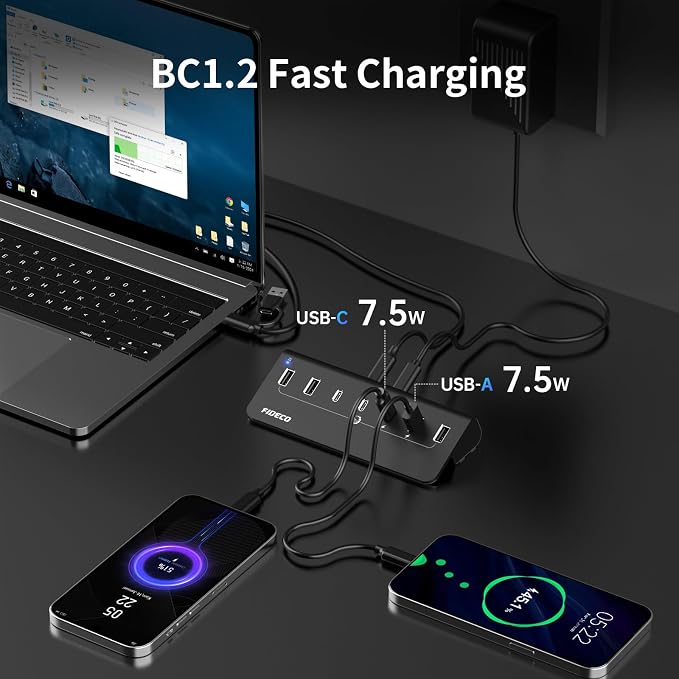 FIDECO Powered USB Hub, 7 Port 10Gbps Fast Data Hub for iPhone 16/15 and Laptop, Full Aluminum USB Splitter with 5V 3A Power Adapter, 4 USB A and 3 USB C Ports, Support BC1.2 Charging