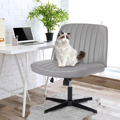 OLIXIS Criss Cross Legged Chairs Armless No Wheels Wide Seat Height Adjustable Swivel Padded PU Leather Home Office Desk Chair for Bedroom, Student, Study Room,Grey