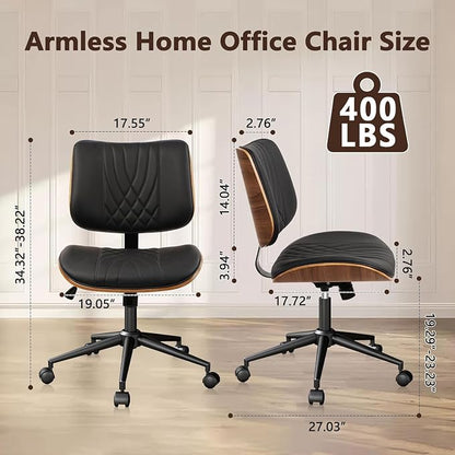 CLATINA Armless Home Office Chair, Desk Chair with Wheels, Adjustable Height Reading Chair, Leather Mid Back & Swivel Computer Chair, Modern Walnut Chairs with Back for Study Meeting Room(Black) 2Pack