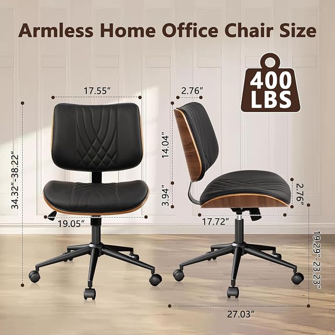 CLATINA Armless Home Office Chair, Desk Chair with Wheels, Adjustable Height Reading Chair, Leather Mid Back & Swivel Computer Chair, Modern Walnut Chairs with Back for Studio Meeting Room(Black)