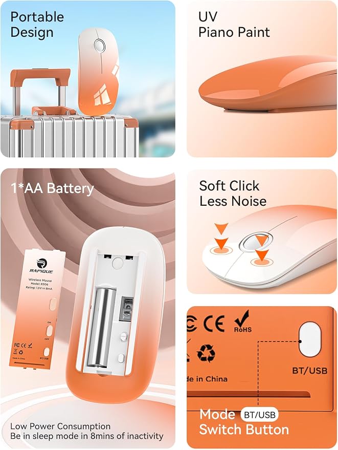 RAPIQUE Bluetooth Wireless Mouse - Dual Connectivity(BT5.1+USB), Ultra Quiet Click & 480-Hour Battery Life,1600 DPI, Portable Cordless Mouse for Mac, MacBook Pro/Air, iPad Pro/Air (Sunrise Orange)