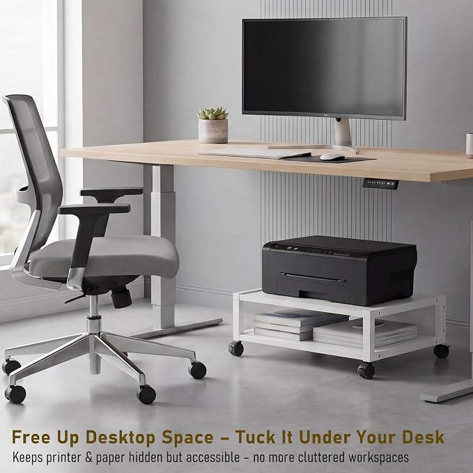 Zonon 2 Tier Printer Stand Under Desk with Lockable Wheels 19.7x15.7x7.9 Inch Rolling Printer Table Cart Under Desk Short Movable Storage Shelf for Home Office Organization(Open Shelf Style,White)