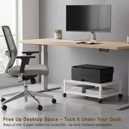 Zonon 2 Tier Printer Stand Under Desk with Lockable Wheels 19.7x15.7x7.9 Inch Rolling Printer Table Cart Under Desk Short Movable Storage Shelf for Home Office Organization(Open Shelf Style,White)
