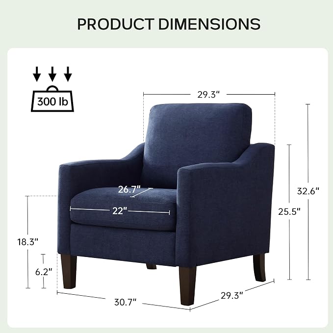 VKNOW Mid-Century Accent Chair, No Tools Assembly Required, Modern Upholstered Polyester Armchair for Living Room,Comfy Reading Accent Chairs with Wood Legs for Bedroom, Navy Blue