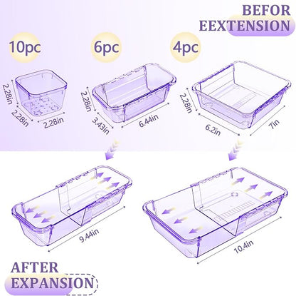 20 Pcs Adjustable Clear Drawer Organizer, Extendable Vanity Storage Bins, Desk Drawer Organizer Set for Makeup, Cosmetics, Bedroom, and Gadgets, Purple
