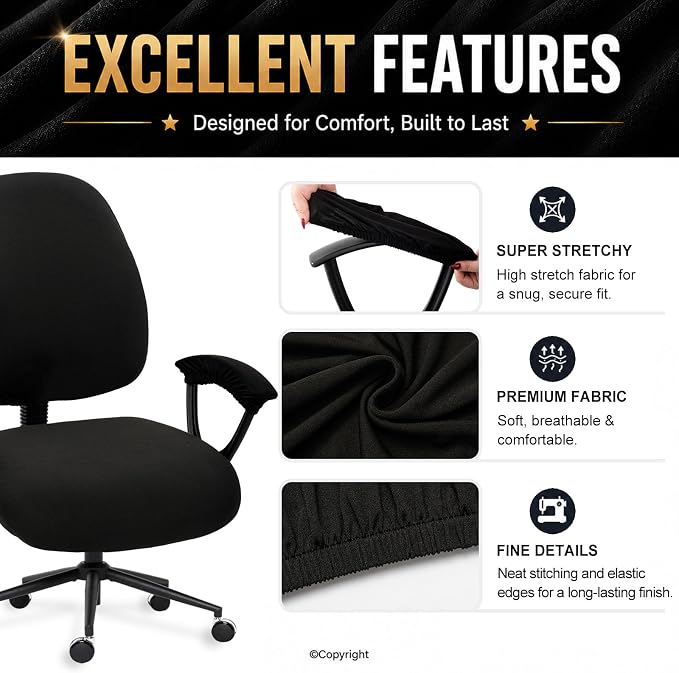 Water-resistant Stretchable Desk Office Chair Seat Covers with Armrest Covers Universal Spandex Computer Chair Slipcover - Rotating Backrest Coverings & Cushion Protectors for Pets, Black