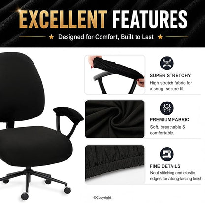 Water-resistant Stretchable Desk Office Chair Seat Covers with Armrest Covers Universal Spandex Computer Chair Slipcover - Rotating Backrest Coverings & Cushion Protectors for Pets, Black