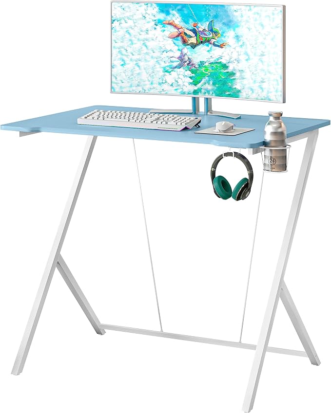 32" W Small Gaming Desk with Cup and Headphone or Backpack Holder, Kids Desk for Bedroom and Cable Management, Blue