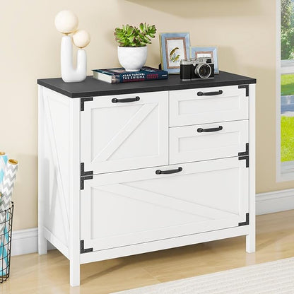 Halitaa Lateral File Cabinet with 4 Drawers Farmhouse File Cabinet for Letter/Legal/A4 Size Hanging Files, Large Wood File Storage Cabinets Printer Stand for Home Office Cabinet, White and Black