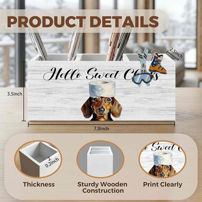 Funny Dachshund Dog Toothbrush Holders for Bathroom, Hello Sweet Cheeks Bathroom Decor, Weiner Dog Gifts Wooden Box Decorations for Washroom Restroom Toilet Desk Shelf Counter Decor