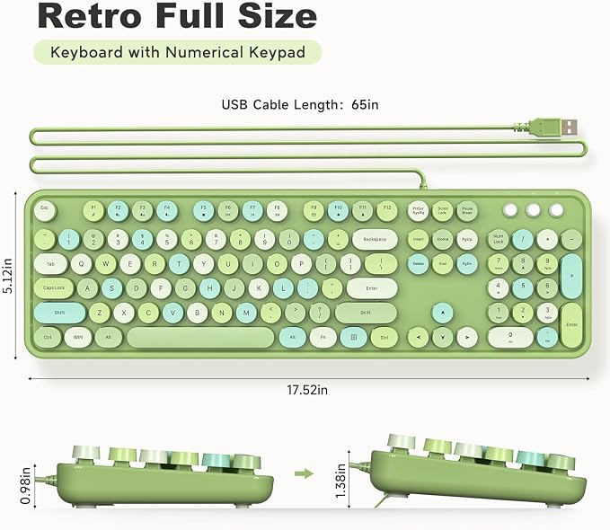 MOWUX Computer Keyboard Wired, Plug and Play USB Retro Round Typewriter Keyboard, Full Size Wired Keyboard with Foldable Stands for Laptop and Office PC- Green Colorful