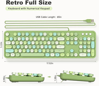 MOWUX Computer Keyboard Wired, Plug and Play USB Retro Round Typewriter Keyboard, Full Size Wired Keyboard with Foldable Stands for Laptop and Office PC- Green Colorful