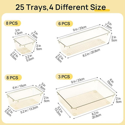 Vtopmart 25 PCS Clear Plastic Drawer Organizers Set, 4-Size Versatile Bathroom and Vanity Drawer Organizer Trays, Storage Bins for Makeup, Bedroom, Kitchen Gadgets Utensils and Office