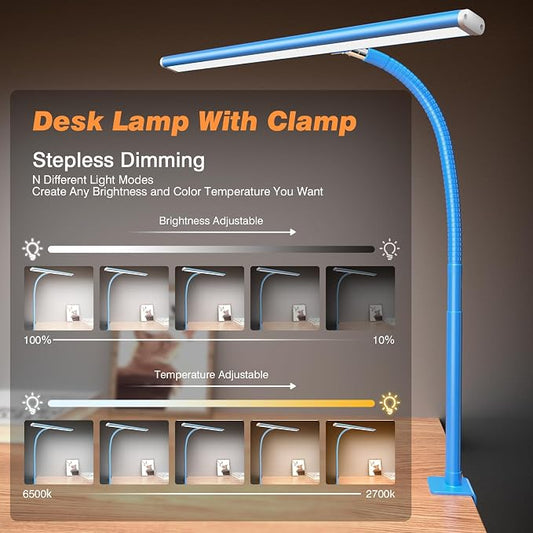 Airlonv LED Desk Lamp for Office Home, Eye-Caring Desk Light with Stepless Dimming Adjustable Flexible Gooseneck, 10W USB Adapter Desk Lamp with Clamp for Reading, Study, Workbench (Blue)