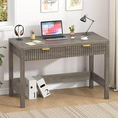 YOMILUVE Fluted Computer Desk with 2 Drawers, 39 Inch Small Computer Desk with Storage, Compact Writing Study Desk for Small Spaces, Gray