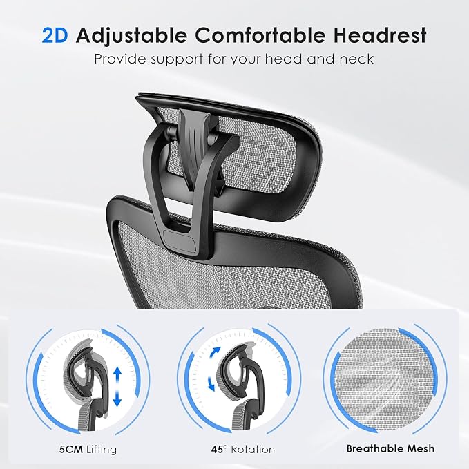 Soohow Ergonomic Office Chair,High Back Desk Chair with Adjustable Lumbar Support and Headrest,Comfy Computer Chair with 3D Armrest Recling Swivel Chair for Home, Office, Study Room, Black & Grey