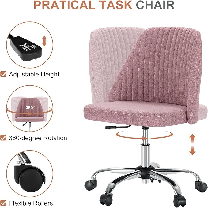 DUMOS Office Desk Chair, Modern Cute Rolling Vanity Swivel Task Seating with Wheels, Comfortable Back Seat Armless for Home, Bedrooms, Study, Student, Adults, Make-Up, Dressing Room Dusty Rose