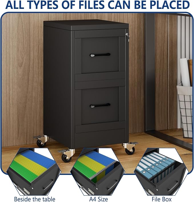 Ckzbx 2 Drawer File Cabinet with Lock, Narrow Vertical Filing Cabinet, Under Desk File Cabinets,Black Metal File Cabinets for Home Office,Fit Letter/A4/Legal Size File (Wheel)