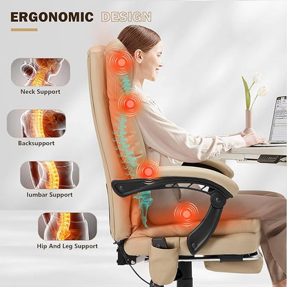 HOMREST Ergonomic Office Chair with 6-Point Massage & Heating, Adjustable Executive Desk Chair with Retractable Footrest, PU Leather Home Office Desk Chair for Home & Office (Khaki)