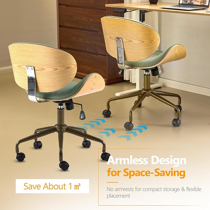 VINGLI Wide Comfotable Swivel Home Office Chair with Wood-Grain Curved Shell,Ergomomic Mid-Back Padded Armless Rolling Desk Chair with Wheels,Height Adjustable for Computer,Task,Work,PU Leather,Green