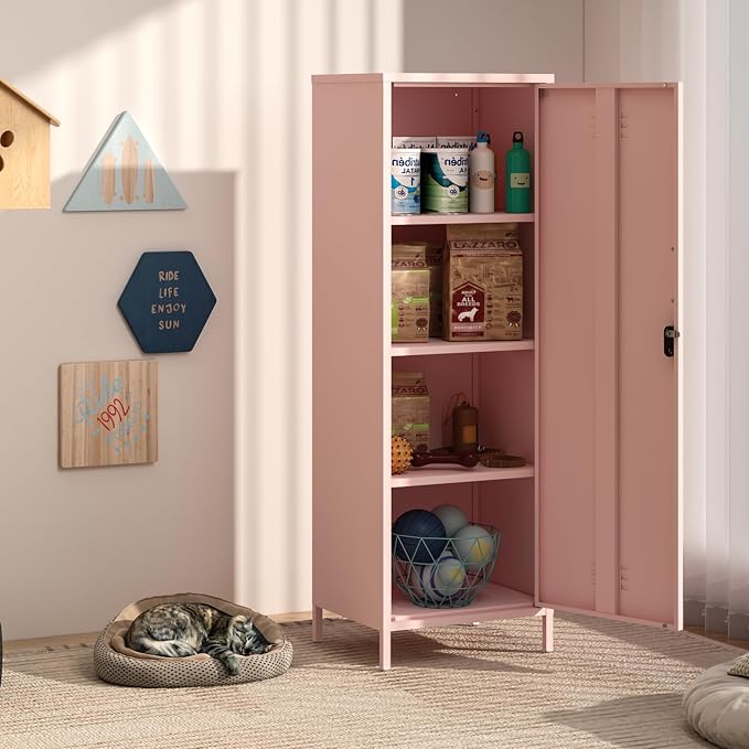 Steehoom Metal Storage Cabinet for Employees, Pink Locker, Lockable File Cabinet, Utility Tall Cabinet with 3 Shelves for Living Room, School, Office, Garage, Entryway (Pink, H59.06'')
