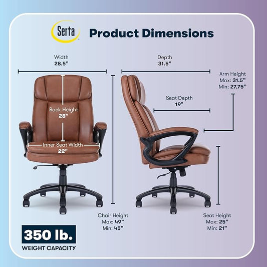 Serta Fairbanks Big & Tall Executive Office Chair, Ergonomic High-Back with Lumbar Support, Semi-Plush Seat Cushion and Body Pillows, Padded Armrests, Nylon Swivel Base, Bonded Leather, Cognac Brown
