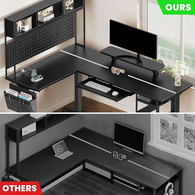 Flycity Electric L Shaped Standing Desk Adjustable Height, 67" x 47" Corner Computer Desk with Host Shelf, Gaming Desk with LED Lights & Power Outlet, Dual Motor Home Office Desk with Storage, Black