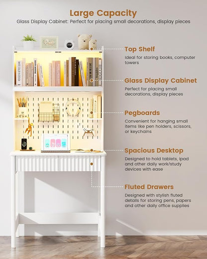 HNEBC White Computer Desk - with Power Outlets & Chariging Station,Small Writing Desk with Hutch and Drawers,66.3''H Office Desk with Pull-Out LED Lights,Pop-up Glass Door,Pegboards,Bedroom