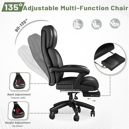 HOMREST 500lbs Big and Tall Office Chair, Ergonomic Heavy Duty Chair with Adjustable Lumbar Support & Backrest, Executive Leather Office Chair with Wide Armrests and Wheels (Black)