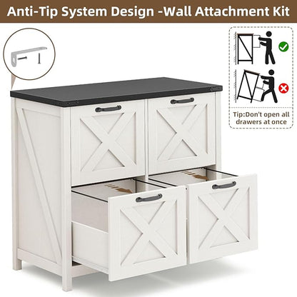 Halitaa Lateral File Cabinet with 4 Drawers, Farmhouse File Cabinet for Letter/A4 Size Hanging Files, Large Wood File Storage Cabinets Printer Stand for Home Office Cabinets, Rustic White and Black
