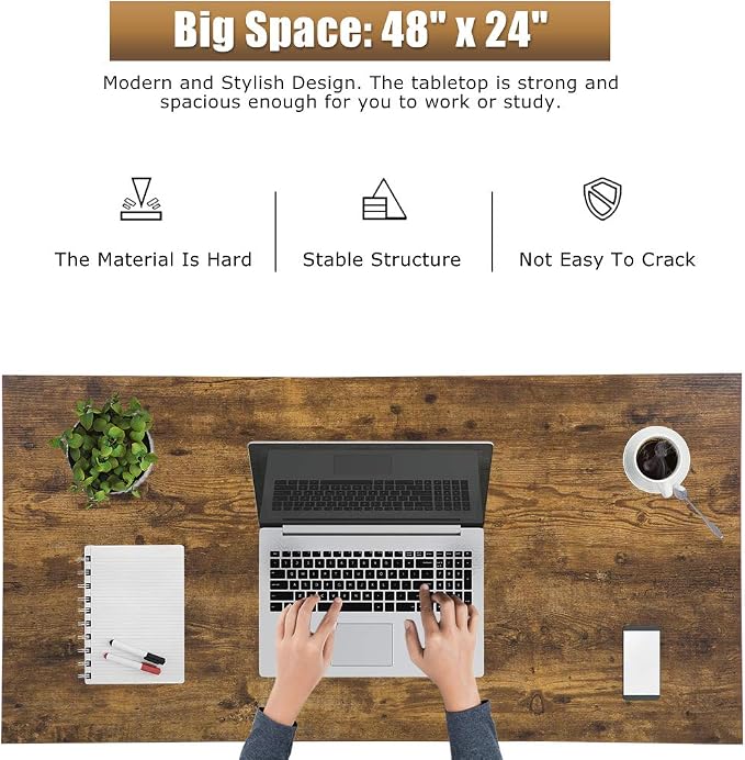 FDW Computer Desk Home Office Desk 47”W x 19”D Gaming Desk Corner Writing Black Large Student Art Modren Simple Style PC Wood and Metal Desk Workstation for Small Space，Vintage
