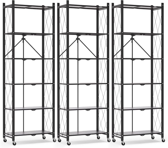 ALANNG 73.6 Inch Folding Bookshelf, 6 Tier Metal Bookcase and Bookshelves, Tall Shelves for Living Room Office Bedroom, Heavy Duty Book Shelve Free Standing Open (Black, 3PACK)