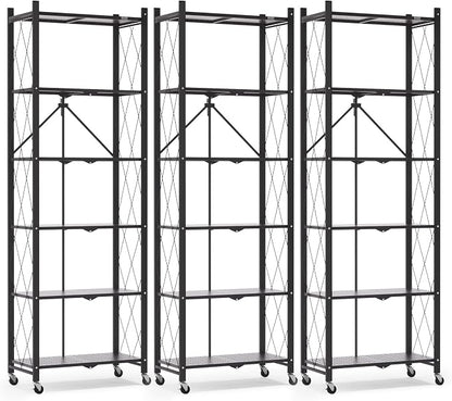 ALANNG 73.6 Inch Folding Bookshelf, 6 Tier Metal Bookcase and Bookshelves, Tall Shelves for Living Room Office Bedroom, Heavy Duty Book Shelve Free Standing Open (Black, 3PACK)
