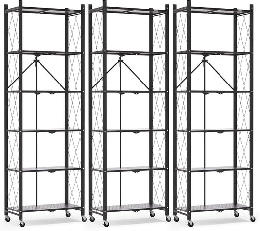 ALANNG 73.6 Inch Folding Bookshelf, 6 Tier Metal Bookcase and Bookshelves, Tall Shelves for Living Room Office Bedroom, Heavy Duty Book Shelve Free Standing Open (Black, 3PACK)