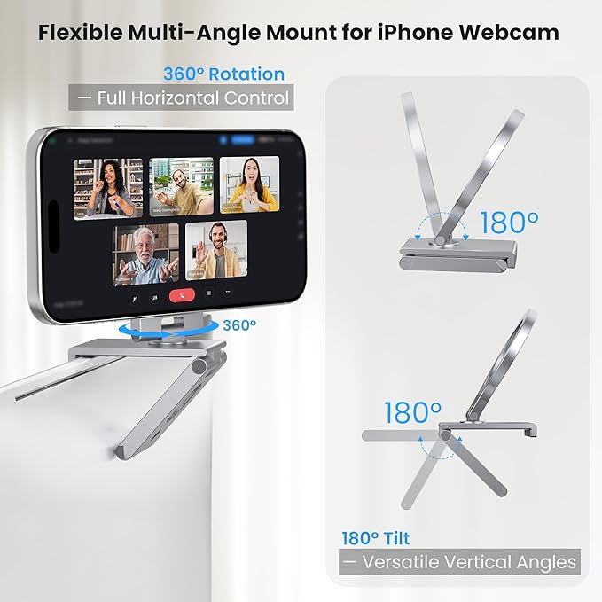 Itramax Continuity Camera Mount for iMac&Desktop Monitor,360° Adjustable iPhone Webcam Stand Holder with Metal Ring for MagSafe iPhone 17 17e/16/15/14/13/12/11/XR/XS,MacBook,Apple TV 4K,Studio Display