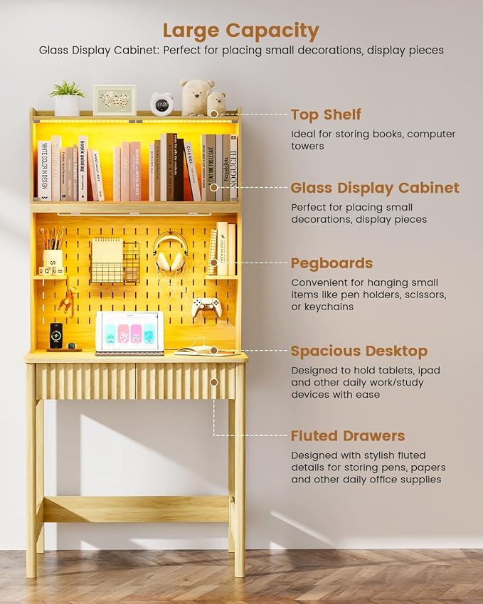HNEBC Natural Computer Desk - with Power Outlets & Chariging Station,Small Writing Desk with Hutch and Drawers,66.3''H Office Desk with Pull-Out LED Lights,Pop-up Glass Door,Pegboards,Bedroom