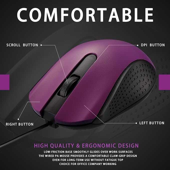 Hoteam 12 Pcs Purple Wired Computer Mouse Bulk Cord USB Computer Mice Ergonomic Wired Mouse for Pcs, Computers, Laptops, Gaming Office Home Supplies