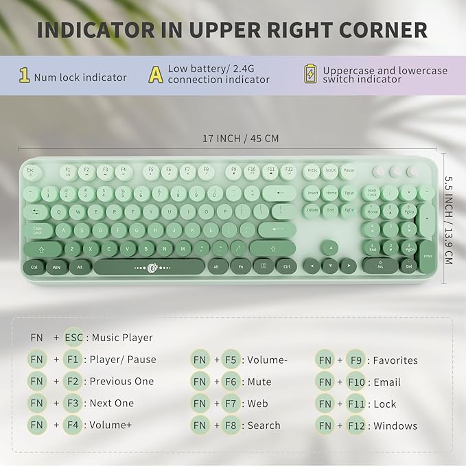 Sage Green Wireless Keyboard and Mouse Combo, Creamy Bubble Keyboard with Round Keys, 2.4GHz Cute Typewriter Style Full Size Mint Green Keyboard with Number Pad for PC Laptop Desktop