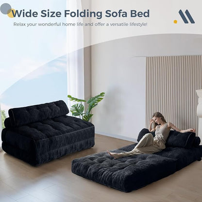 MAXYOYO Folding Sofa Bed, Convertible Chair with Pillow Foldable Couch with Back Support, Portable Fold Out Chair Bed Comfy Floor Sofa Lounge for Living Room Bedroom, Black Double