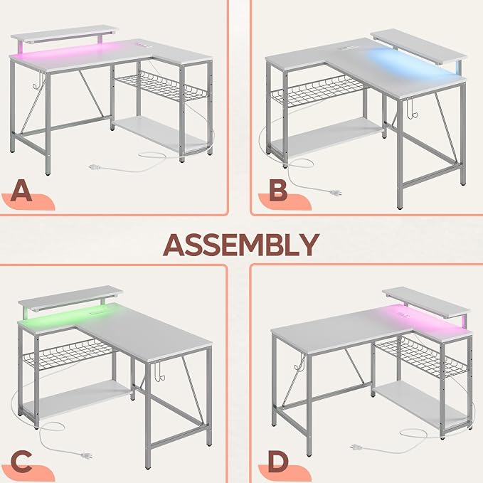 Bestier White Computer Desk with Charging Port & LED Strip,42 inch Modern Gaming Desk with Reversible Storage Shelves,Small L Shaped Desk with Hooks for Home Office