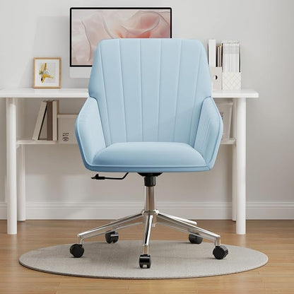 YISHENG Velvet Office Desk Chair with Silver Base, with Wheels,Modern Height Adjustable 360 Degree Swivel Upholstered Vanity Chairs with Arms for Living Room Bedroom,Light Blue