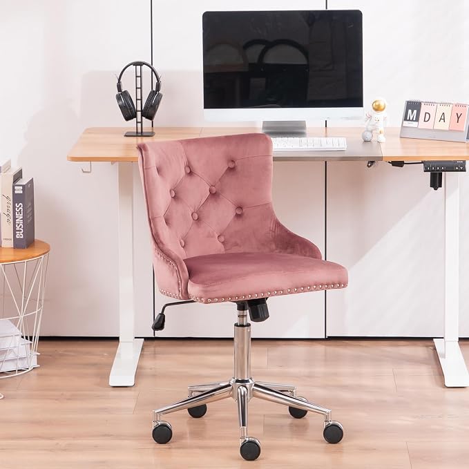 VINGLI Velvet Office Chair - Modern Upholstered Desk Chair with Adjustable Height, Tilting Mechanism, and Rolling Wheels - Pink