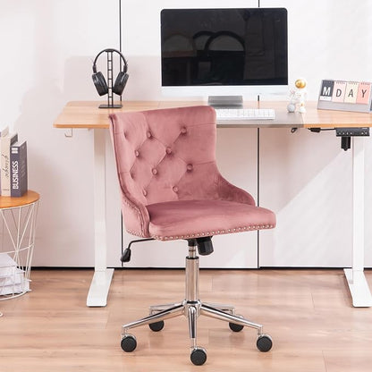 VINGLI Velvet Office Chair - Modern Upholstered Desk Chair with Adjustable Height, Tilting Mechanism, and Rolling Wheels - Pink