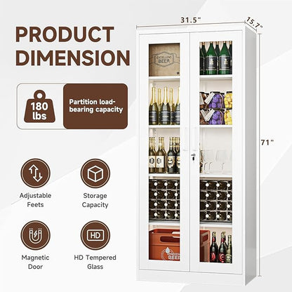 PEUKC Display Cabinet with Glass Doors, 71 Inches Metal Display Case with 4 Adjustable Shelves, Curio Storage Cabinet with Lock for Home, Office, Book, Pantry, Assemble Required (White)