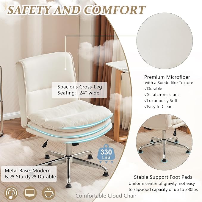 VINGLI Cloud Criss Cross Legged Chair,18" High Back Armless Home Office Desk Chair no Wheel,Wide Adjustable Comfy Padded Seat Task Computer Chair,Modern Swivel Makeup Vanity Chair,Microfiber,Beige