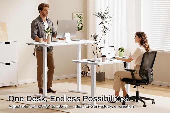 Standing Desk Electric Height Adjustable Desk 55 x 23.6 Inches Sit Stand up Desk, Computer Home Office Desk Memory Preset with Two-Piece Desktop (White, 55 * 24 Inch)