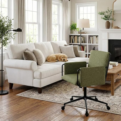 YOUNIKE Wide Seat Home Office Chair with Arms Modern Desk Chair with Wheels Fabric Vanity Chairs with Comfy Back Cross Legs Adjustable Swivel Rolling Computer Task Chair for Study Bedroom Makeup Green