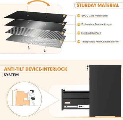 INTERGREAT 2 Drawers File Cabinet with Lock, 18" D Metal Black Vertical Filing Cabinet for Hanging Folders, Easy Assemble