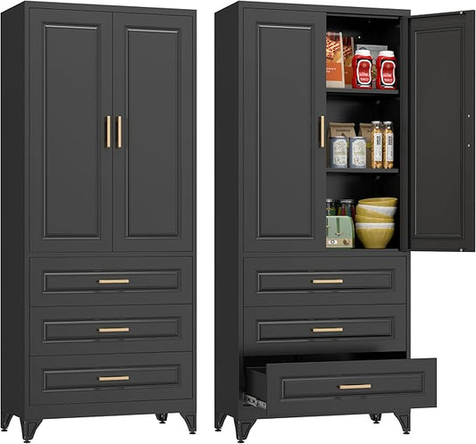 Polup Kitchen Pantry Cabinet, 75" Tall Pantry Cabinet with Three Drawers, Metal Storage Cabinets with Doors and Shelves, Freestanding Food Cupboard for Dining, Living Room, Black, Assembly Required