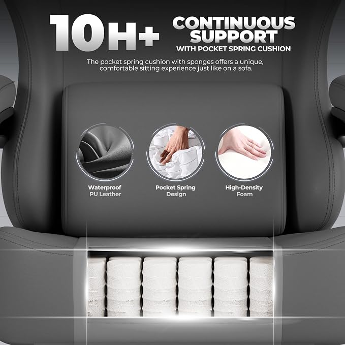 GTPLAYER Big and Tall Gaming Chair 400lbs Heavy Duty Office Chair with Footrest, High Back Pocket Spring Ergonomic Computer Chair for Adults, Wide Seated Cushion with Linkage Armrests, Leather Grey